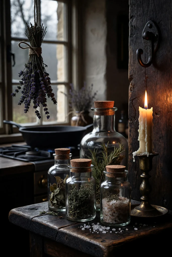 Cottagegoth kitchen shelf with glass apothecary herb jars, a brass beeswax candleholder, and cast iron cookware visible in the warm background