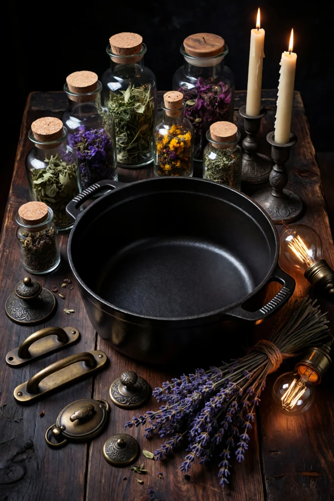Cottagegoth kitchen essentials flat-lay featuring matte black cast iron, glass apothecary jars, aged brass hardware, dried lavender, and beeswax candles