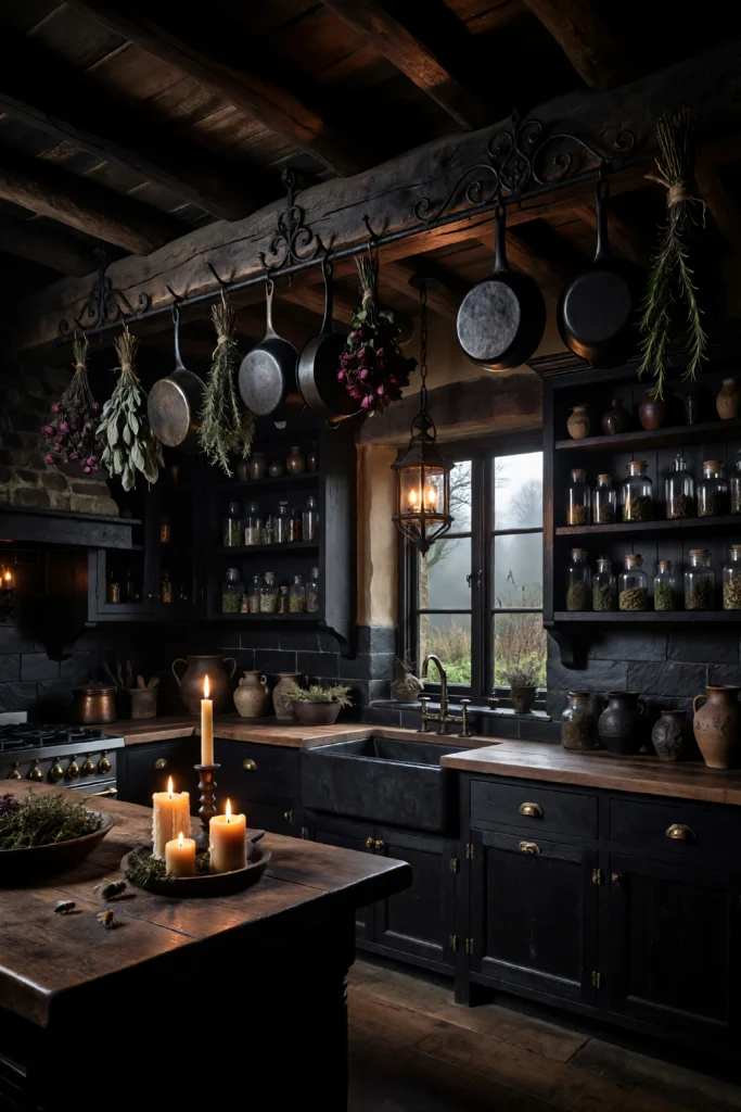 Dark cottagegoth farmhouse kitchen showing charcoal cabinets, iron pot rack with cast iron and dried herbs, open shelving with apothecary jars, and warm amber pendant light