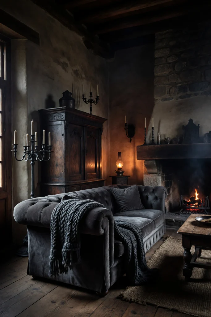 The cold weight of velvet. The rough give of aged wool under your palm. Touch is what makes a moody farmhouse living room feel real — not just look good in photos. These are the exact textures to layer for the lived-in dark farmhouse look. Save your textile shortlist here.