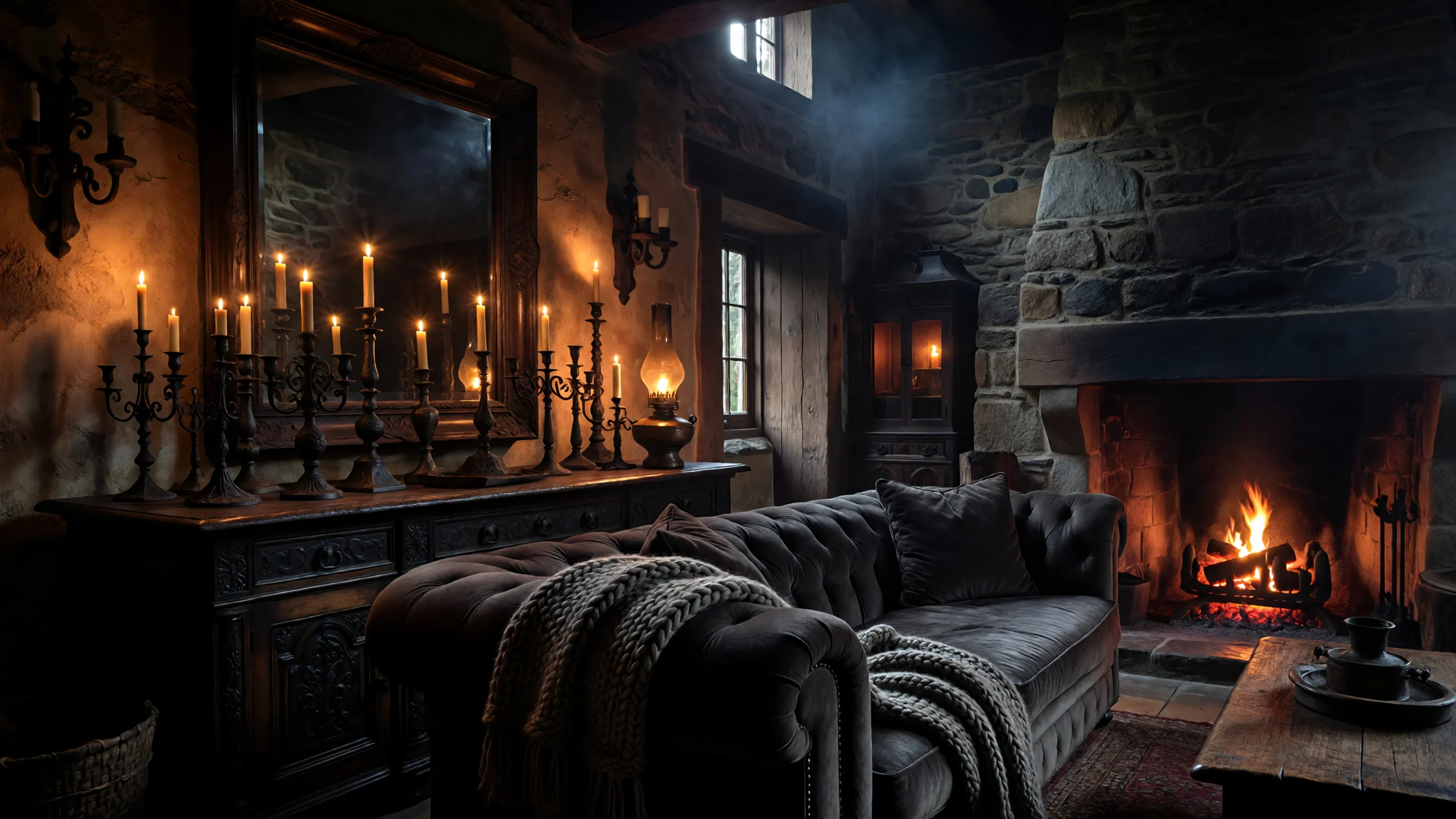 Moody farmhouse living room with charcoal velvet sofa, dark oak sideboard, and amber lamplight glowing against rough plaster walls