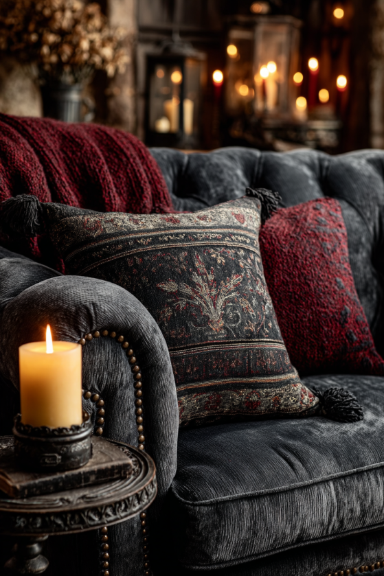 How to Create a Moody Farmhouse Living Room on a Budget Charcoal velvet sofa cushion with burgundy wool throw and beeswax candle — dark farmhouse living room texture and textile detai