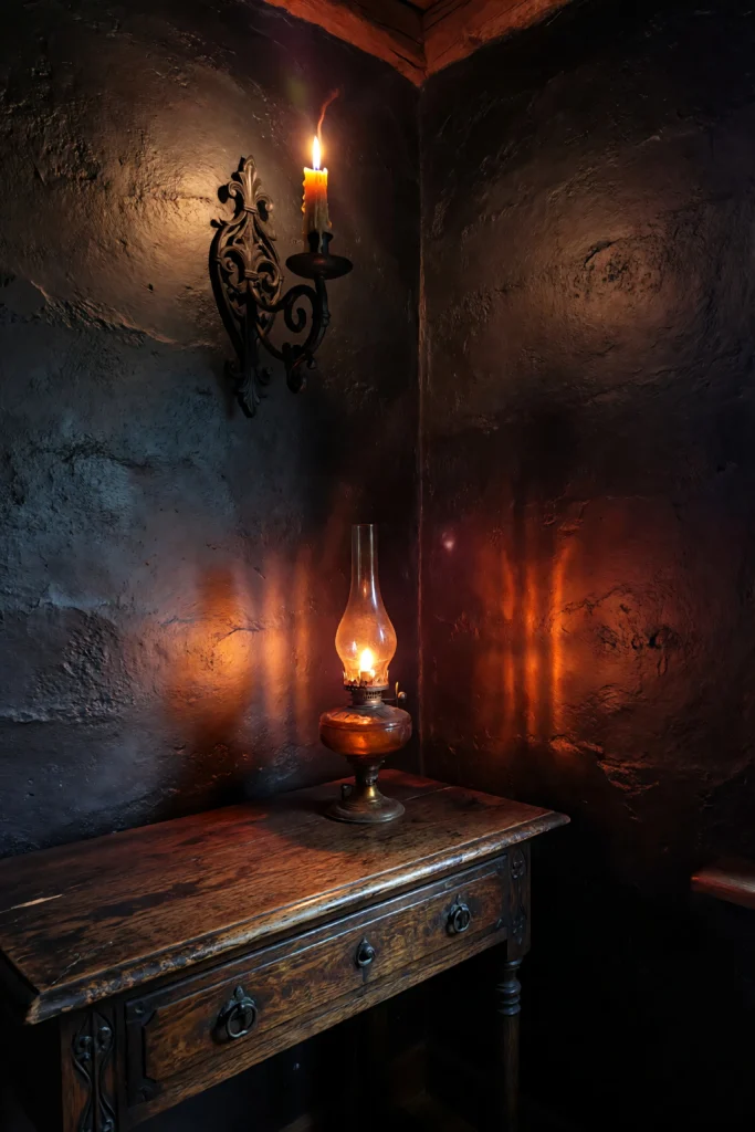 How to Create a Moody Farmhouse Living Room on a Budget Amber glass oil lamp on dark oak console casting warm moody light against rough plaster wall — gothic farmhouse living room lighting