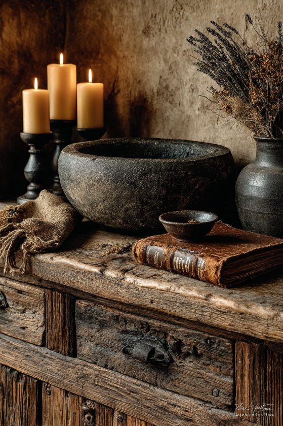 How to Create a Moody Farmhouse Living Room on a Budget Dark reclaimed oak sideboard styled with wrought iron candleholders and beeswax candles — moody farmhouse living room furniture vignette