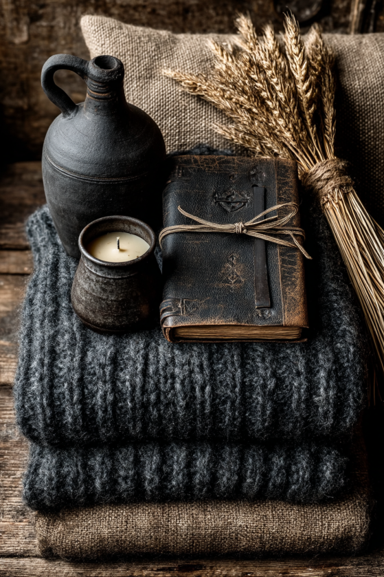 How to Create a Moody Farmhouse Living Room on a Budget Dark farmhouse flat lay with wool throw, wrought iron candleholder, linen pillow and dried wheat — finishing layers for a moody farmhouse room