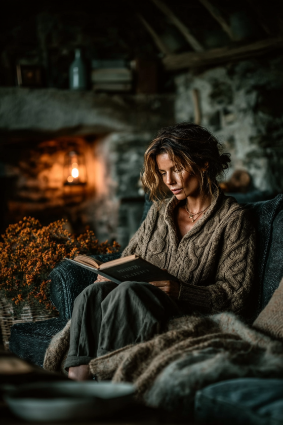 How to Create a Moody Farmhouse Living Room on a Budget Woman reading on charcoal velvet sofa in a moody farmhouse living room — dark farmhouse lifestyle with amber lamplight and stone fireplace