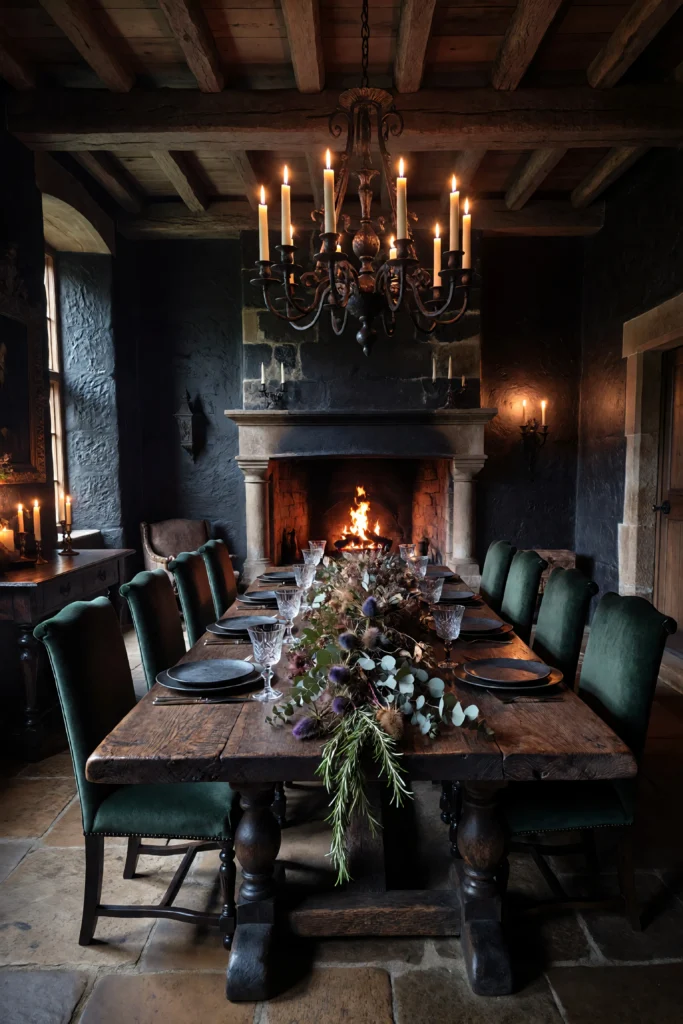 How to Create a Dark Farmhouse Dining Room That Feels Like a Gothic Country Estate The smell of beeswax and cold stone. A dark farmhouse dining room built for long evenings — iron chandelier, reclaimed oak trestle table, forest green velvet chairs, fireplace at the far end. This is how a feast hall lives. Save this gothic farmhouse dining room for your mood board. #darkfarmhouse #gothicfarmhousedining #moodydiningroom #darkfarmhousedecor #farmhousediningroom #darkinteriors #gothicfarmhouse
