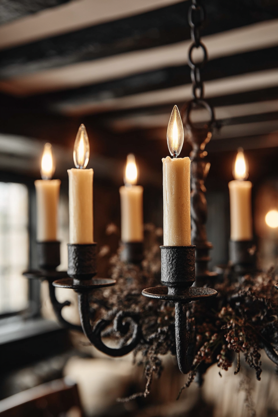 How to Create a Dark Farmhouse Dining Room That Feels Like a Gothic Country Estate Wrought iron farmhouse chandelier with ivory pillar candles and dried botanical wreath — dark farmhouse dining room lighting detail.