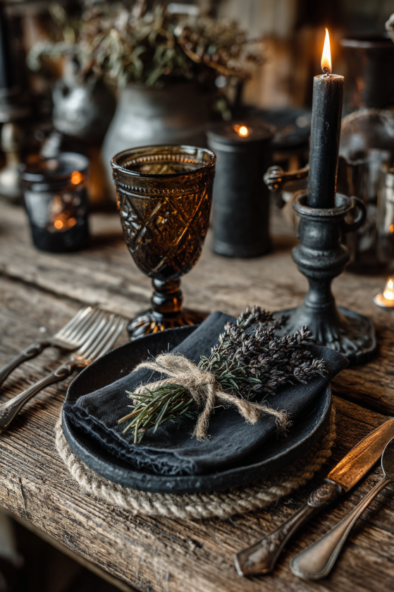 How to Create a Dark Farmhouse Dining Room That Feels Like a Gothic Country Estate Dark farmhouse dining room table setting — black ceramic plate, aged crystal goblet and dried botanical place accent on reclaimed oak.
