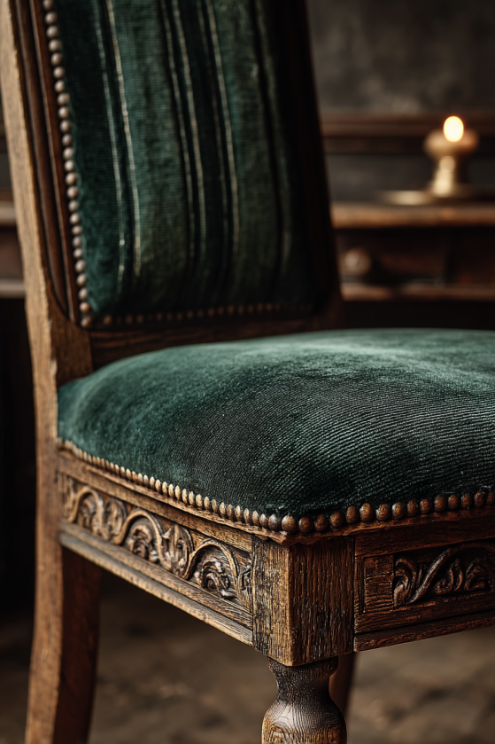 How to Create a Dark Farmhouse Dining Room That Feels Like a Gothic Country Estate Deep forest green velvet dining chair with carved dark oak frame — dark farmhouse dining room seating texture detail.