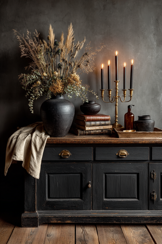 How to Create a Dark Farmhouse Dining Room That Feels Like a Gothic Country Estate Dark farmhouse dining room sideboard styled with dried botanicals, aged brass candelabra and dark ceramic vessels on charcoal plaster wall