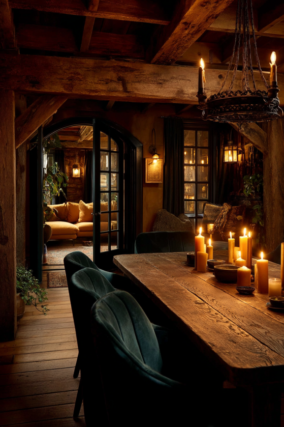 Dark farmhouse dining room at night lit only by candlelight from iron chandelier and taper candles — gothic farmhouse atmosphere.