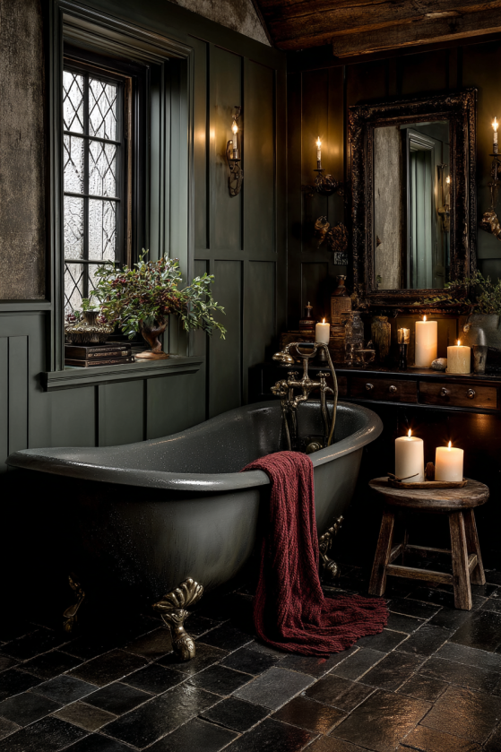 Clawfoot Tubs, Dark Tile, and Candlelight: The Dark Farmhouse Bathroom Guide Dark farmhouse bathroom with cast-iron clawfoot tub, forest green walls, and aged brass sconces — Victorian sanctuary style.