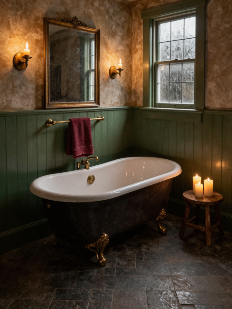 Clawfoot Tubs, Dark Tile, and Candlelight: The Dark Farmhouse Bathroom Guide Dark Farmhouse Bathroom: classic double-ended roll-top style clawfoot tub in matte black with aged gold claw feet, positioned in front of tall dark-painted walls.