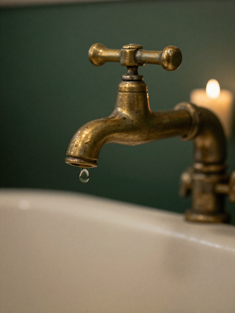 Clawfoot Tubs, Dark Tile, and Candlelight: The Dark Farmhouse Bathroom Guide Aged unlacquered brass faucet on charcoal clawfoot tub, water droplet — dark farmhouse bathroom fixture detail