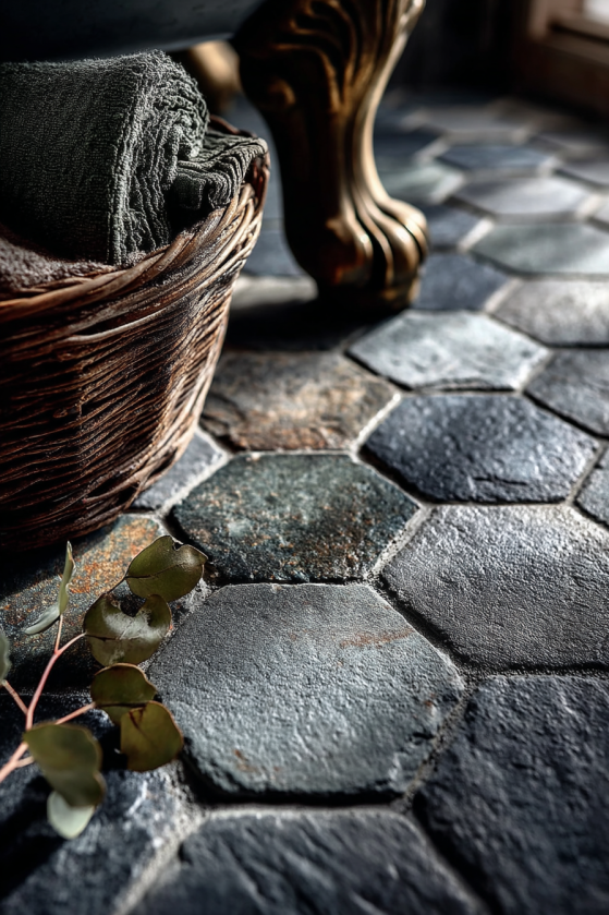 Clawfoot Tubs, Dark Tile, and Candlelight: The Dark Farmhouse Bathroom Guide Dark charcoal hex tile floor in Victorian farmhouse bathroom with aged bronze tub foot and forest green towels.