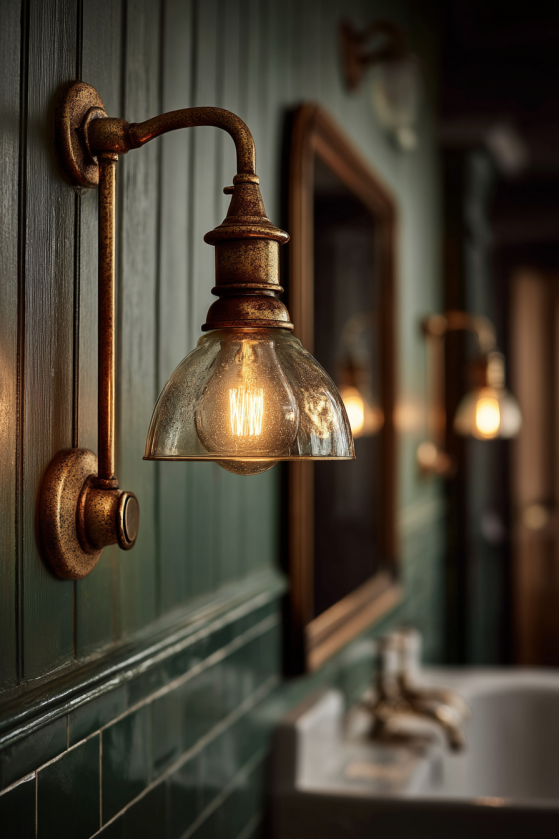Clawfoot Tubs, Dark Tile, and Candlelight: The Dark Farmhouse Bathroom Guide Vintage aged brass wall sconce on forest green plank wall — warm amber light in a moody Victorian farmhouse bathroom.