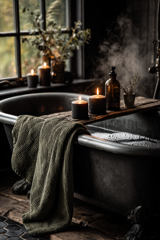 Clawfoot Tubs, Dark Tile, and Candlelight: The Dark Farmhouse Bathroom Guide Steaming clawfoot tub in dark farmhouse bathroom with forest green linen towel, candlelight, and eucalyptus — private ritual.