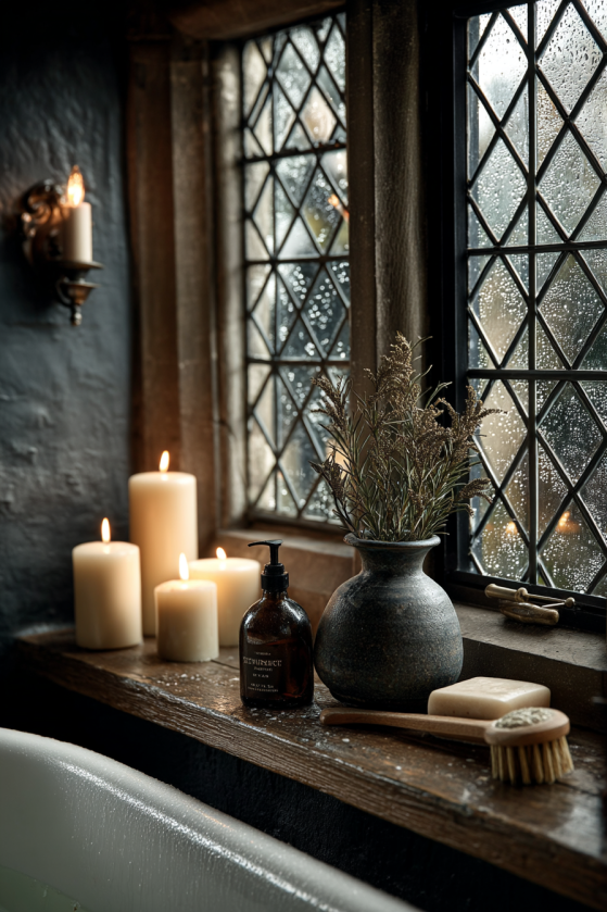 Clawfoot Tubs, Dark Tile, and Candlelight: The Dark Farmhouse Bathroom Guide Rainy leaded glass window in dark farmhouse bathroom with candles on deep sill — moody Victorian farmhouse sanctuary.