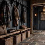 Dark farmhouse mudroom with navy shiplap, cast iron hooks, woven baskets, and warm amber lantern light overhead