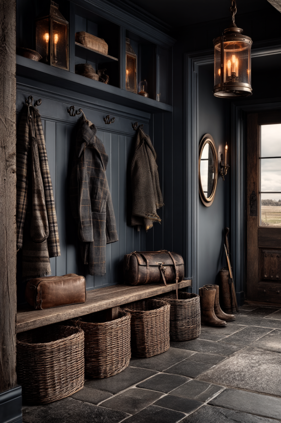 Ink & Lantern: How to Design a Dark Farmhouse Mudroom That's Actually Functional moody dark farmhouse mudroom — charcoal shiplap walls, a row of matte black cast iron hooks loaded with waxed canvas coats, a dark oak storage bench with woven baskets underneath, and a vintage iron cage pendant lantern glowing warmly overhead