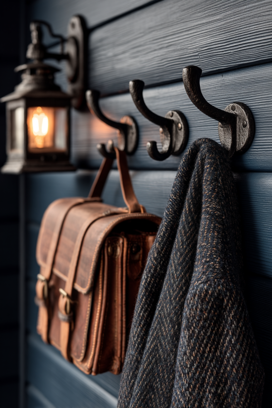 Ink & Lantern: How to Design a Dark Farmhouse Mudroom That's Actually Functional Cast iron coat hooks on deep navy shiplap in a dark farmhouse mudroom — matte black iron with aged patina and wool coat