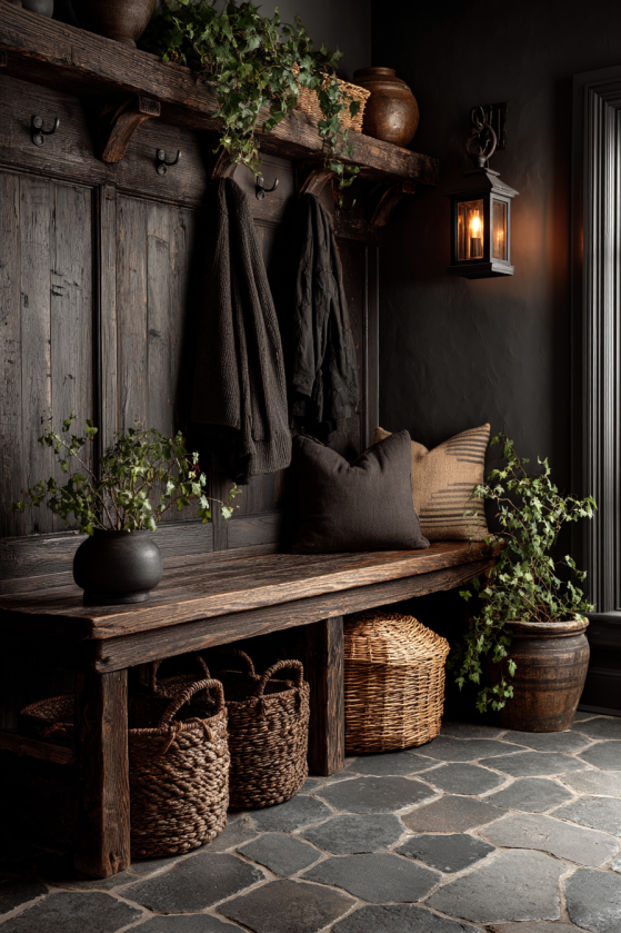 Ink & Lantern: How to Design a Dark Farmhouse Mudroom That's Actually Functional Dark farmhouse mudroom bench with woven rattan baskets, dark walnut wood, and amber lantern light — gothic farmhouse storage