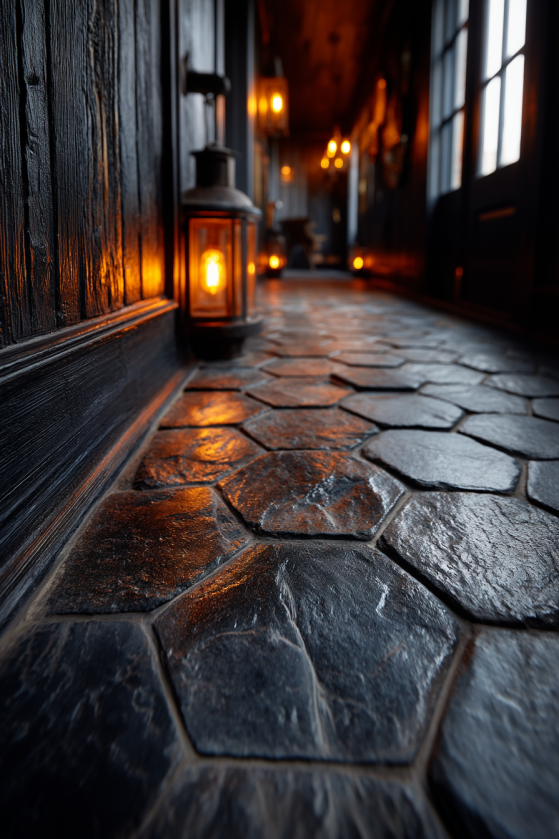 Ink & Lantern: How to Design a Dark Farmhouse Mudroom That's Actually Functional Dark slate hexagon tile floor with charcoal shiplap paneling in a dark farmhouse mudroom — moody farmhouse flooring