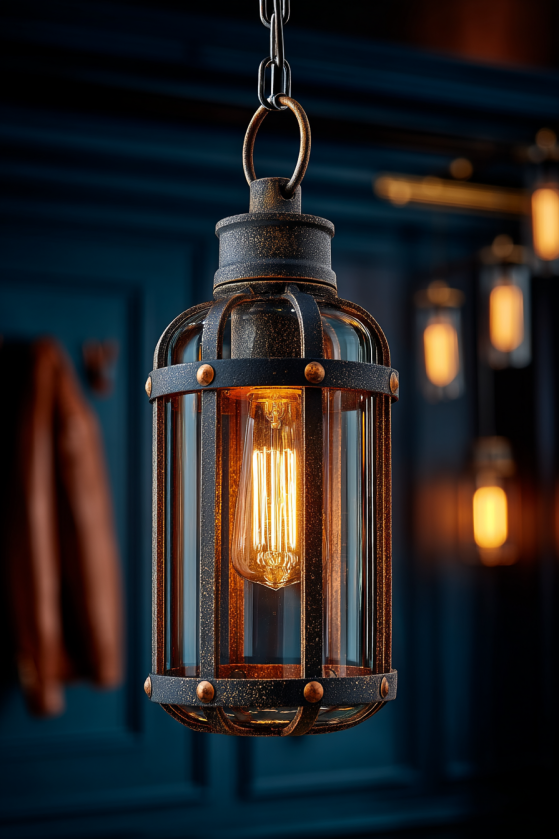Ink & Lantern: How to Design a Dark Farmhouse Mudroom That's Actually Functional Vintage iron cage lantern pendant glowing warm amber against navy shiplap — dark farmhouse mudroom lighting statement