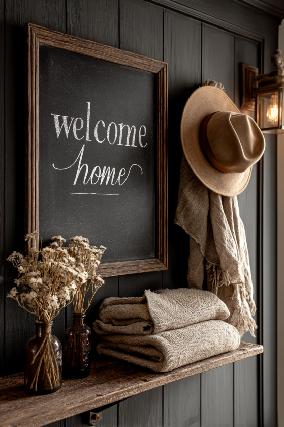 Ink & Lantern: How to Design a Dark Farmhouse Mudroom That's Actually Functional Dark farmhouse mudroom chalkboard with spring styling — dried wildflowers, straw hat, brass sconce, and hand-lettered welcome