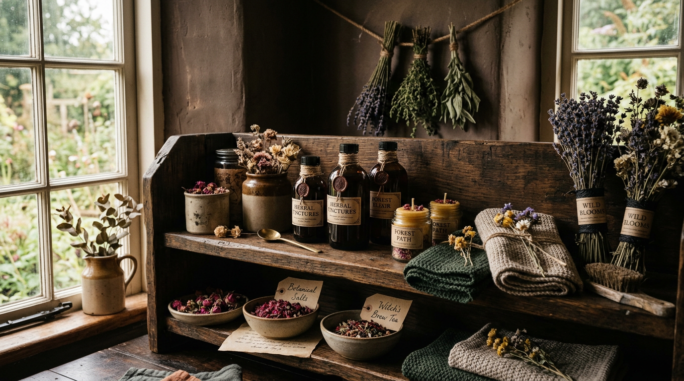 Dark cottagecore kitchen wooden shelf with amber glass apothecary jars, beeswax candles, dried flowers, and linen towels by a window