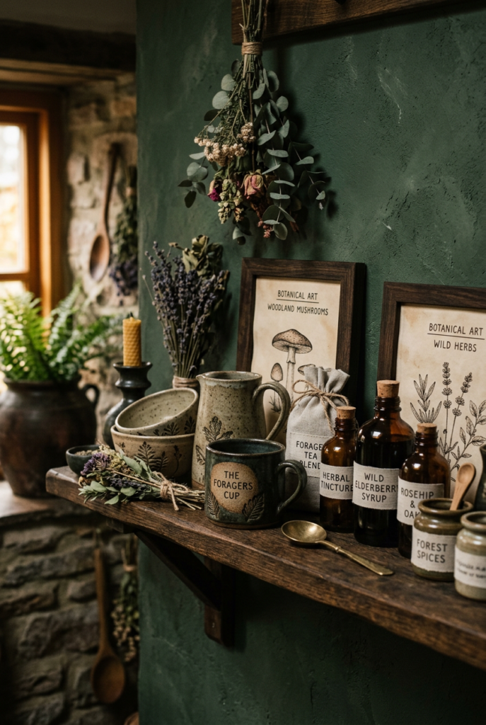 Dark green cottagecore kitchen shelf with amber apothecary bottles, botanical art prints, dried herbs, and vintage pottery