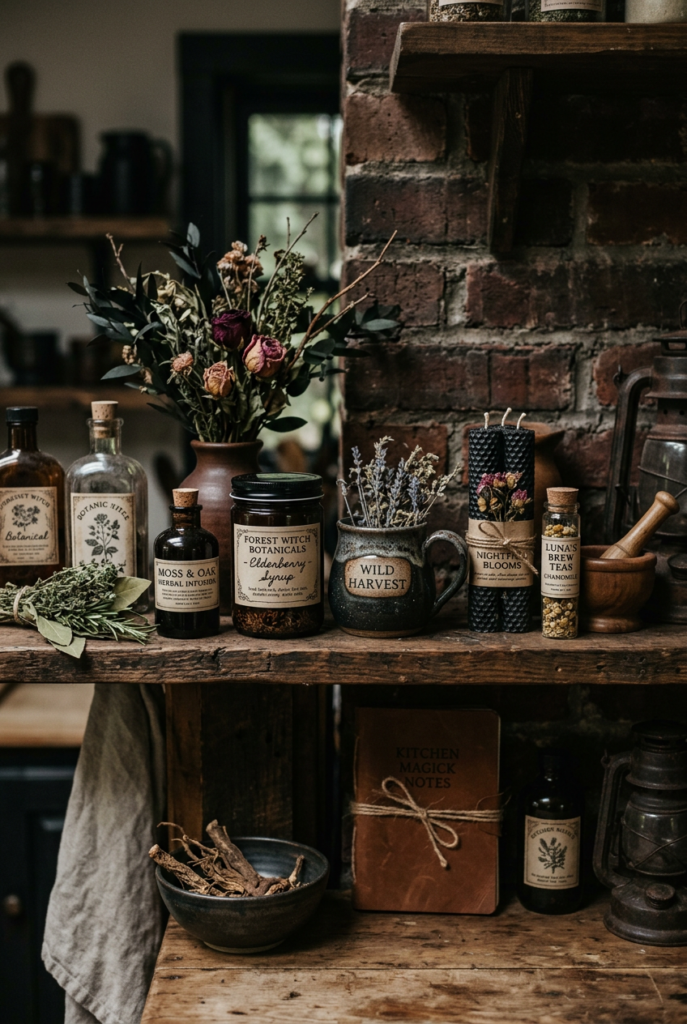 Moody dark cottagecore kitchen shelf with rolled beeswax candles, amber apothecary bottles, dried flowers, and vintage brick wall background