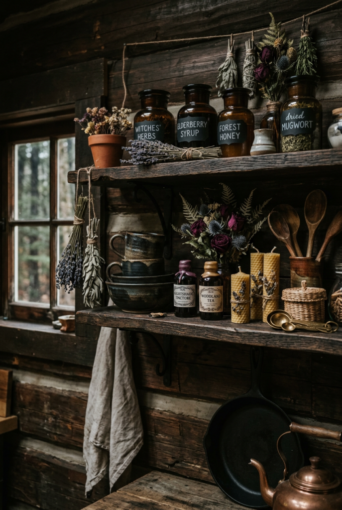 Dark wooden shelf in a cottagecore kitchen filled with labeled glass jars, dried herbs, beeswax candles, and vintage kitchen tools