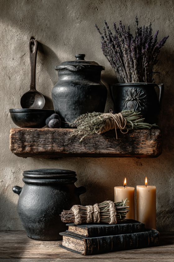 Gothic Farmhouse Kitchen Shelf: Dark Stoneware, Dried Herbs & Iron Styling kl