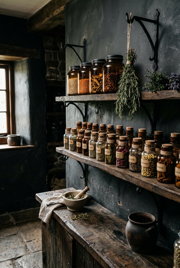 Open wooden shelves, black iron brackets, rows of amber glass jars with handwritten labels, and bundles of dried rosemary hanging in the quiet light. This is what a real gothic farmhouse pantry feels like — grounded, intentional, and full of old-world texture.