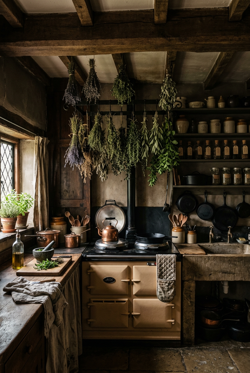 Dark cottagecore kitchen with wooden beams covered in dried herbs above a beige Aga stove, copper pots, and rustic wooden surfaces