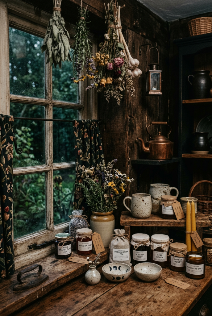 Rustic dark cottagecore windowsill with dried herbs, labeled jars of jam and honey, vintage pottery, and candles