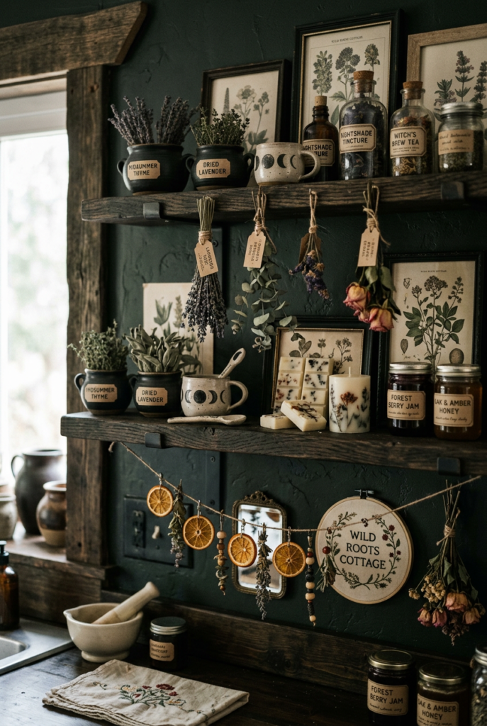Dark green cottagecore kitchen wall with wooden shelves, dried herbs, botanical prints, and vintage pottery