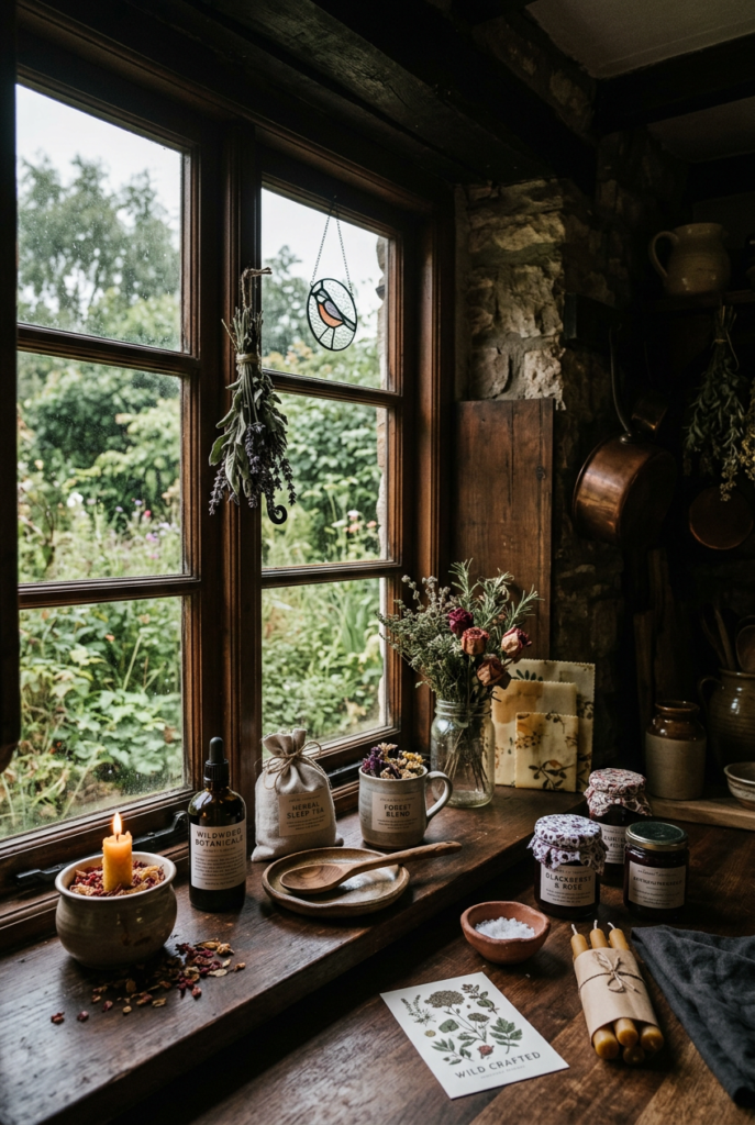 Moody dark cottagecore windowsill with dried lavender, jars of jam and tea, dried citrus garland and candle