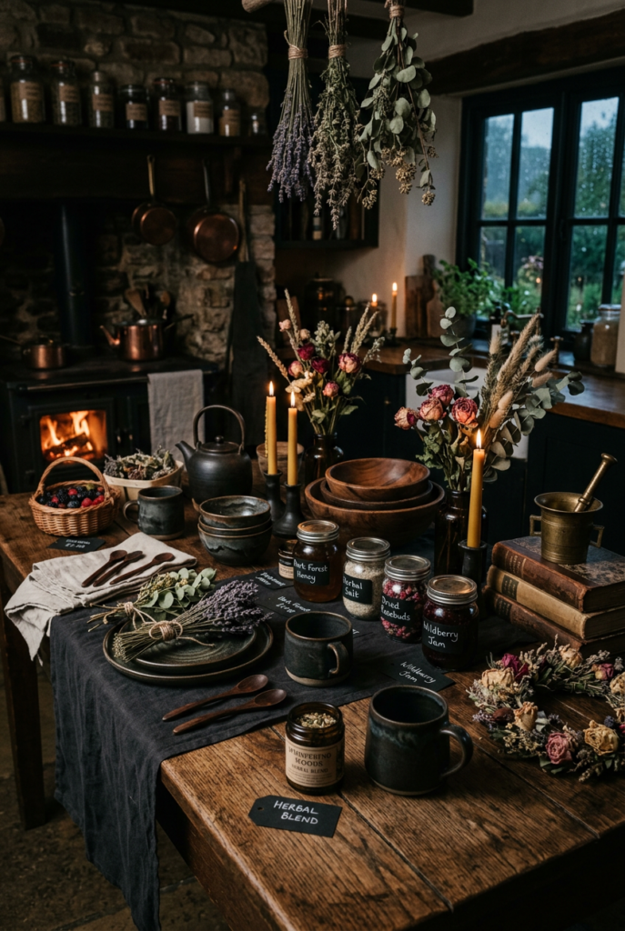 Dark cottagecore kitchen table with black stoneware, dried flowers, candles, jars of jam and honey on wooden table