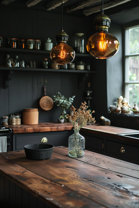 Amber Edison pendant light glowing above dark wood kitchen island with apothecary jars below