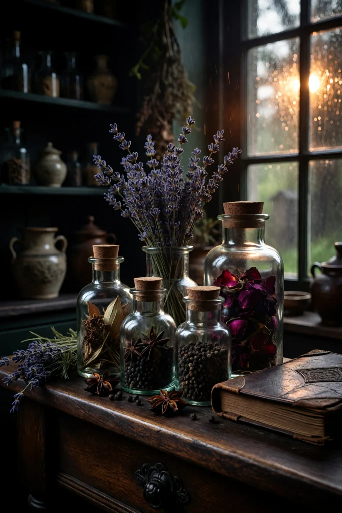 Glass apothecary jars with cork stoppers filled with dried herbs on dark wood shelf
