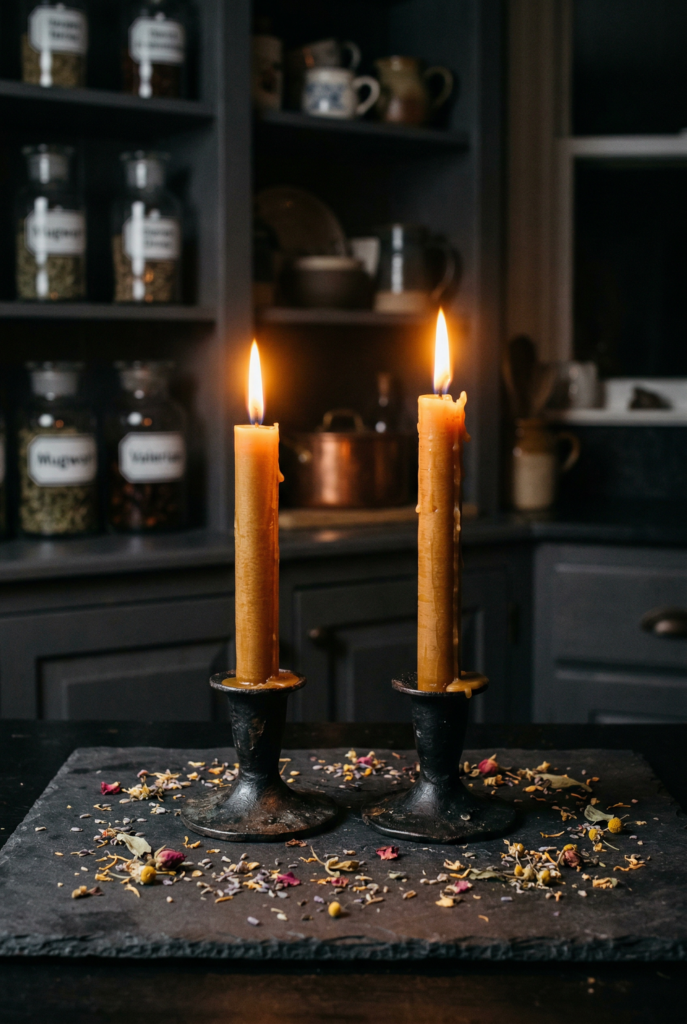 Two beeswax taper candles burning in iron candleholders on dark slate kitchen surface