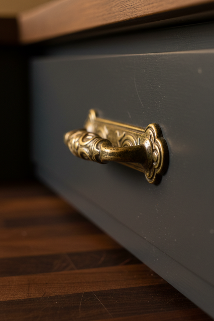 Close-up of aged brass cabinet pull on charcoal painted cabinet with dark wood counter