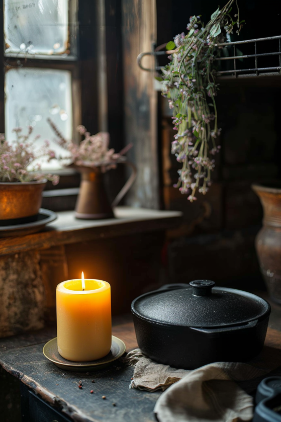 Cast iron dutch oven on charcoal tile stovetop with beeswax candle glowing in background