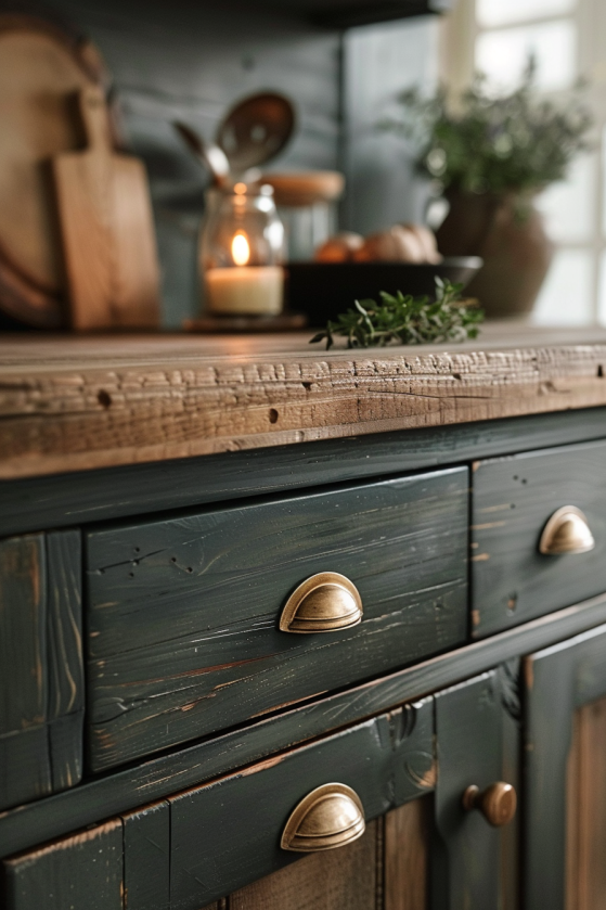 Close-up of charcoal cabinet fronts with aged brass knob and warm amber light
