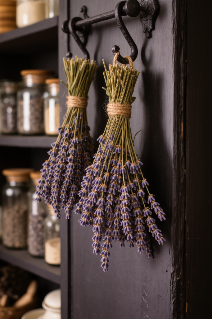 Dried French lavender bundles tied with twine hanging from iron hook on charcoal cabinet