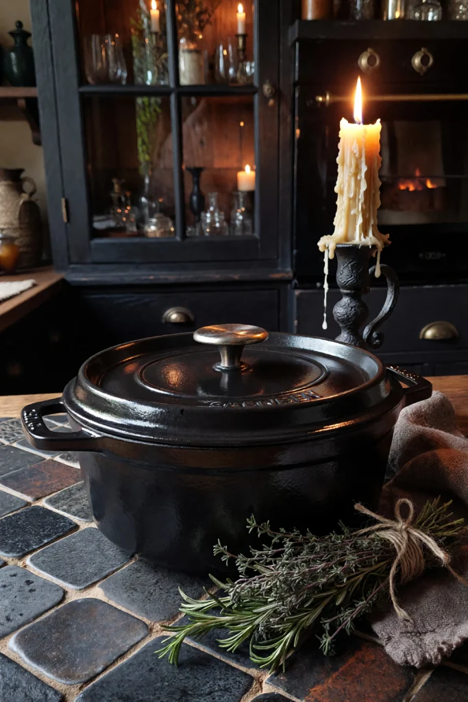 Matte black enameled dutch oven on dark tile stovetop with beeswax candle and dried herbs