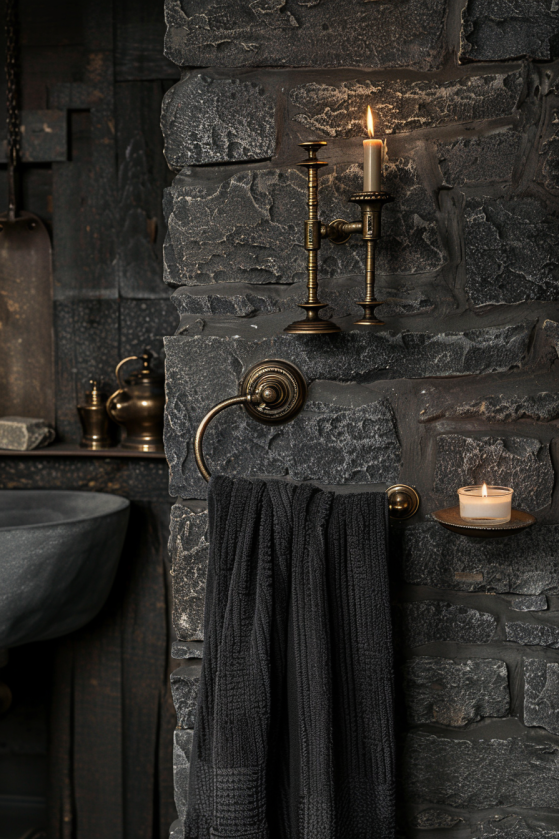 Clawfoot Tubs, Dark Tile, and Candlelight: The Dark Farmhouse Bathroom Guide Aged brass towel ring, soap dish, and robe hook on dark stone wall in farmhouse bathroom